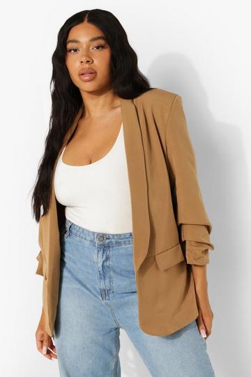 Plus Stretch Woven Ruched Sleeve Blazer stone
