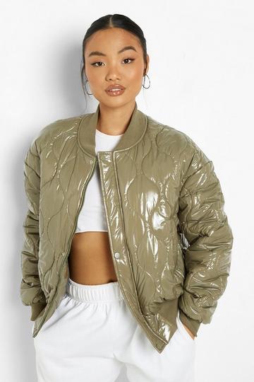 Petite High Shine Quilted Bomber Jacket olive