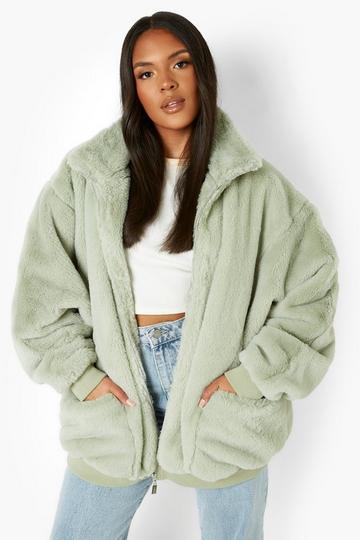 Sage Green Plus Oversized Pocket Detail Faux Fur Jacket