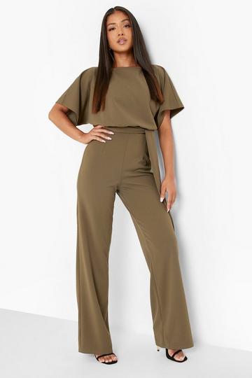 Petite Double Layer Tie Waist Jumpsuit khaki