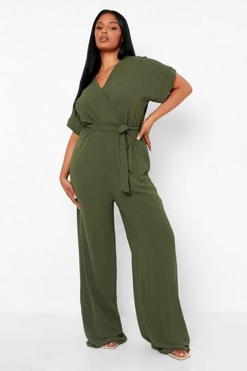 Plus Woven Belted Wide Leg Jumpsuit khaki