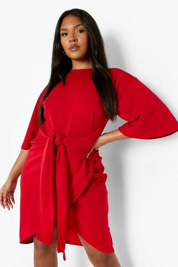 Plus Kimono Sleeve Wrap Over Midi Dress red
