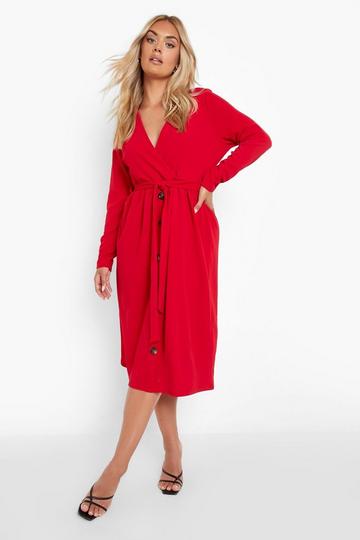 Plus Belted Button Long Sleeve Midi Dress red