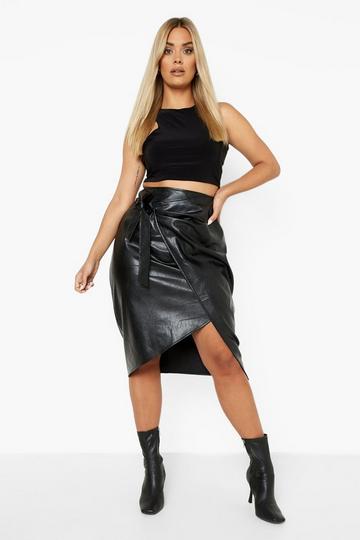 Plus Pu Wrap Tie Belt Midi Skirt black