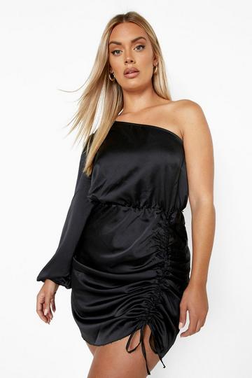 Black Plus Satin One Shoulder Ruched Bodycon Dress