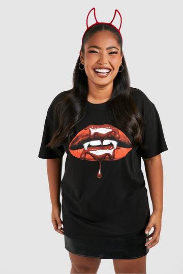 Grande taille - T-shirt d'Halloween à imprimé lèvres de vampire black
