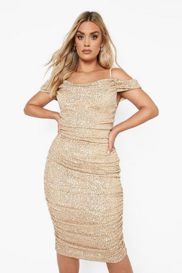 Gold Metallic Plus Sequin Bardot Ruched Midi Dress