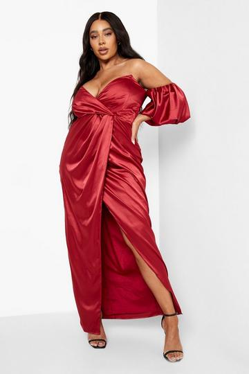 Plus Satin Puff Sleeve Wrap Maxi Dress red