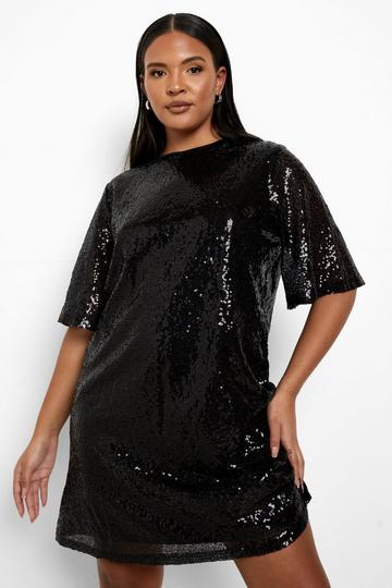 Plus Sequin Sleeve Shift Dress black