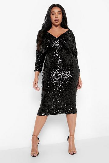 Plus Sequin Off Shoulder Midi Dress black