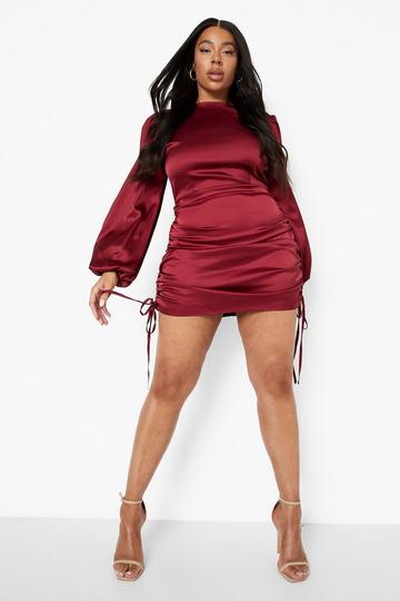 Plus Woven Satin Ruched Bodycon Dress berry