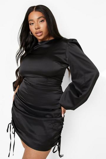 Black Plus Woven Satin Ruched Bodycon Dress