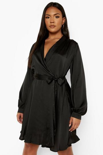 Plus Satin Wrap Skater Dress black