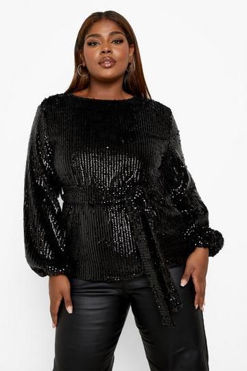 Plus Velvet Sequin Blouson Sleeve Smock black