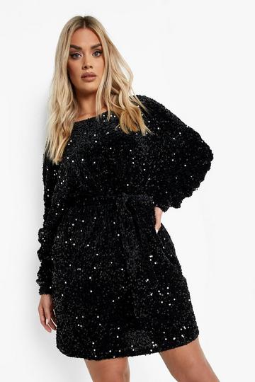 Black Plus Batwing Velvet Sequin Shift Dress