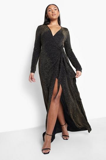 Plus Metallic Long Sleeve Wrap Maxi Dress gold