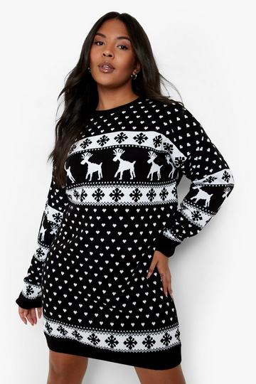 Black Plus Reindeer Christmas Jumper Dress