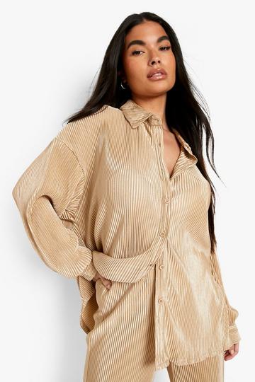 Gold Metallic Petite Plisse Oversized Shirt