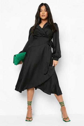 Black Petite Satin Wrap Detail Midi Skater Dress