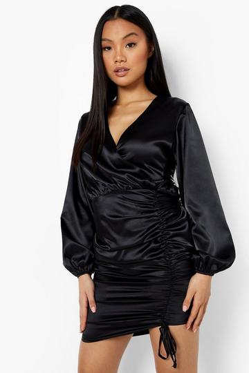 Black Petite Satin Ruched Wrap Midi Dress