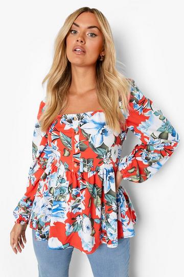 Plus Floral Button Up Peplum Top red