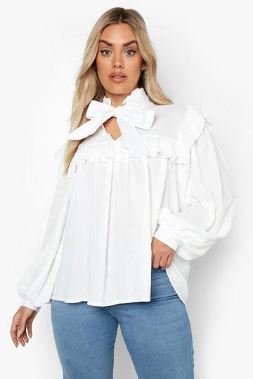 Plus Pussybow Crinkle Smock Blouse white