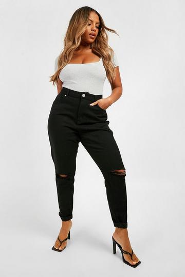 Black Plus High Waist Rip Knee Mom Jeans