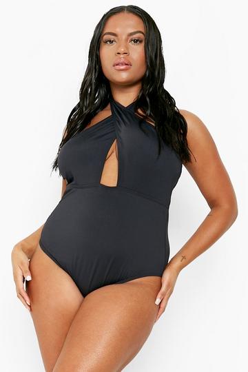 Plus Wrap Front Halter Neck Swimsuit black