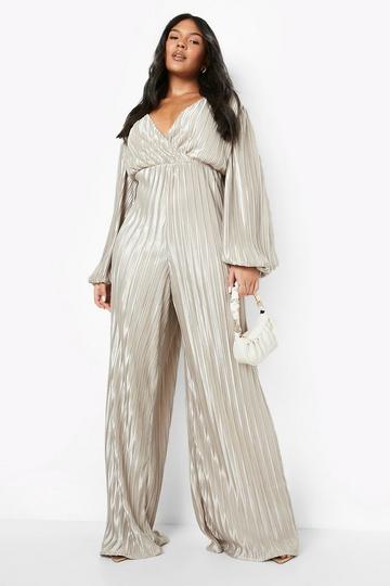 Plus Pleated Plisse Wrap Wide Leg Jumpsuit champagne