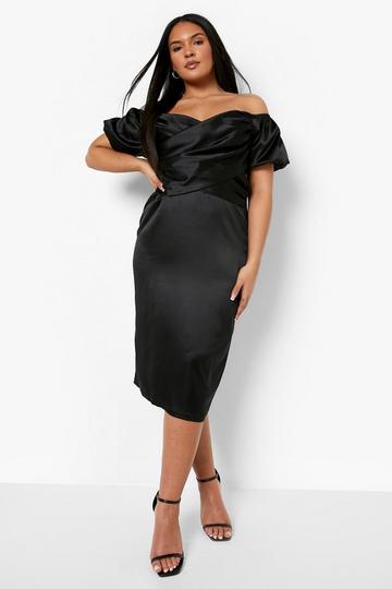 Black Plus Satin Sweetheart Puff Sleeve Midi Dress