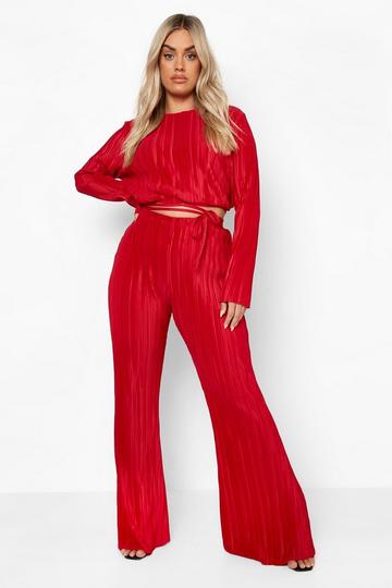 Red Plus Plisse Tie Waist Flare Trousers Co-ord