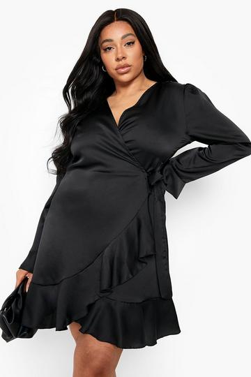 Black Plus Satin Ruffle Wrap Dress