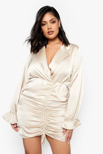 Plus Ruched Wrap Satin Shirt Dress stone