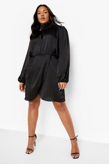 Black Plus High Neck Satin Shoulder Pad Dress