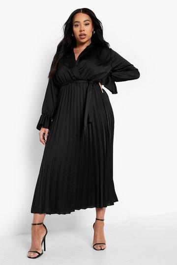 Black Plus Satin Pleated Midaxi Dress