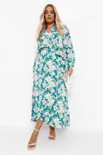 Teal Green Plus Floral Wrap Midaxi Dress
