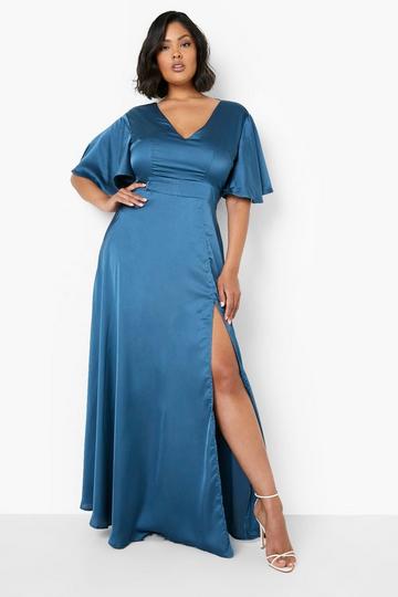 Navy Plus Satin Angel Sleeve Split Maxi Dress