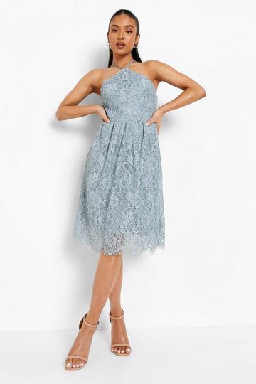 Petite Floral Lace Open Back Midi Dress dusty blue