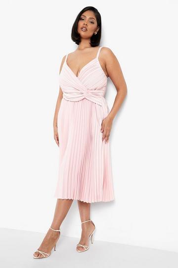 Plus Pleated Satin Twist Detail Midi Dress pink