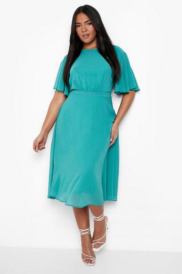 Teal Green Plus Occasion Pleated Angel Sleeve Skater Dress