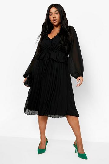 Black Plus Chiffon Pleated Ruffle Waist Skater Dress