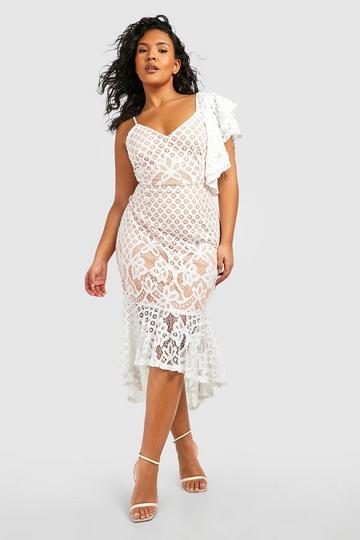 Ivory White Plus Contrast Lace Peplum Frill Midi Dress