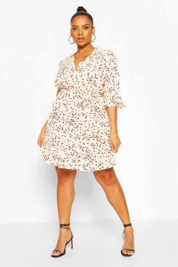 Plus Heart Printed Wrap Skater Dress cream