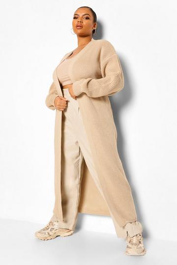 Stone Beige Plus Knitted Ribbed Maxi Cardigan
