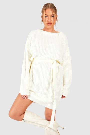Cream White Plus Waffle Knitted Self Belt Sweater Dress
