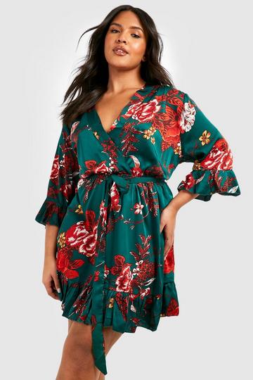 Plus Floral Wrap Belted Dress green