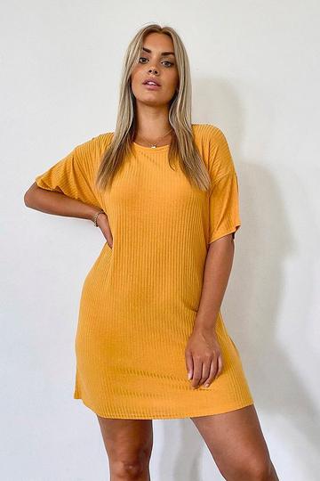 Plus Basic Soft Rib Oversized T-Shirt Dress mustard