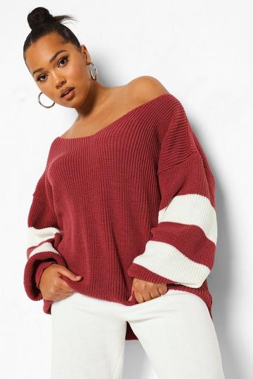 Plus V Neck Striped Sweater berry