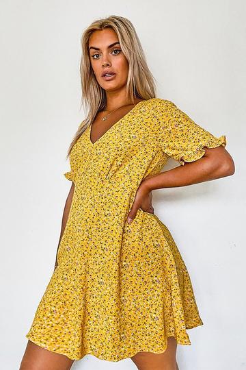 Yellow Plus Ditsy Floral Ruffle Smock Dress