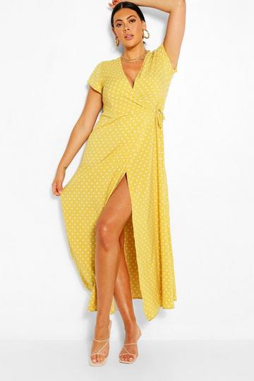 Yellow Plus Polka Dot Wrap Maxi Dress